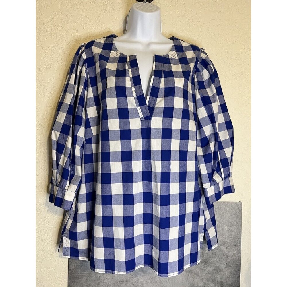 Tyler Boe Size XL Jenny Top Pleated Puff Sleeve Blue Gingham Plaid Cottagecore - Picture 1 of 14